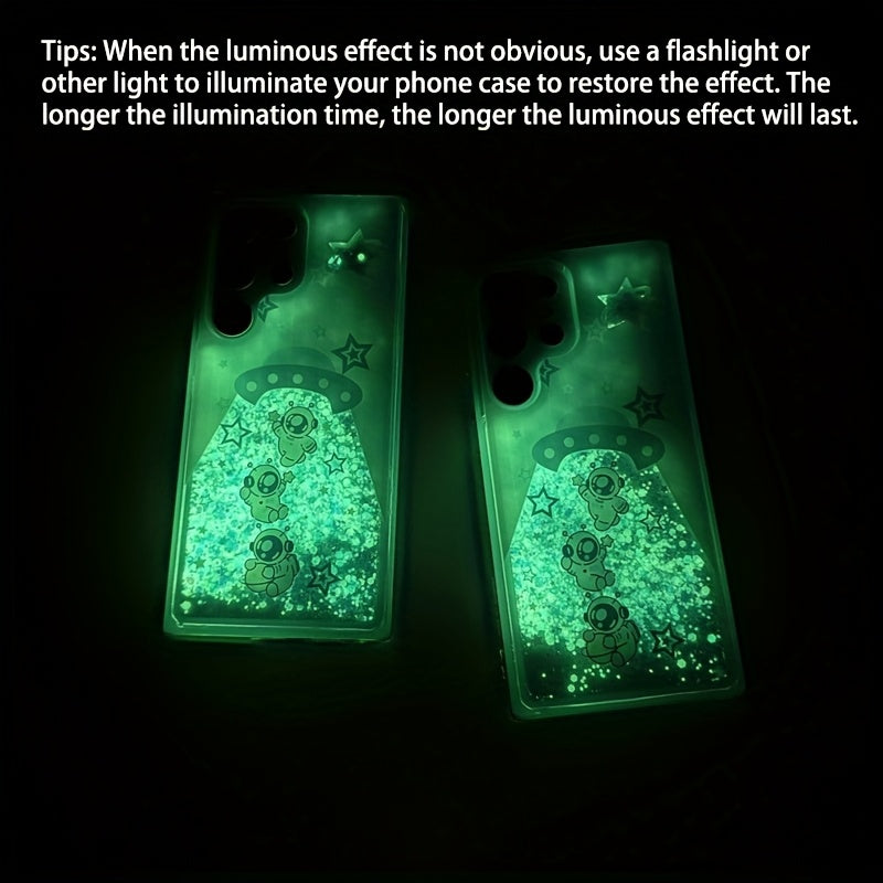A Glow-In-The-Dark Liquid Glitter Phone Case for Samsung Galaxy S22/S23/S24/S25/Plus Ultra, Featuring a Fun Spaceship Astronaut Design, Making It a Creative Christmas And New Year Gift Phone Protector.